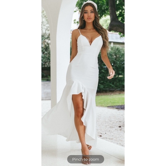 NWT Selfie Leslie White Maxi Mermaid Dress Plunge Slit Ruffles Cocktail Small - Picture 2 of 13